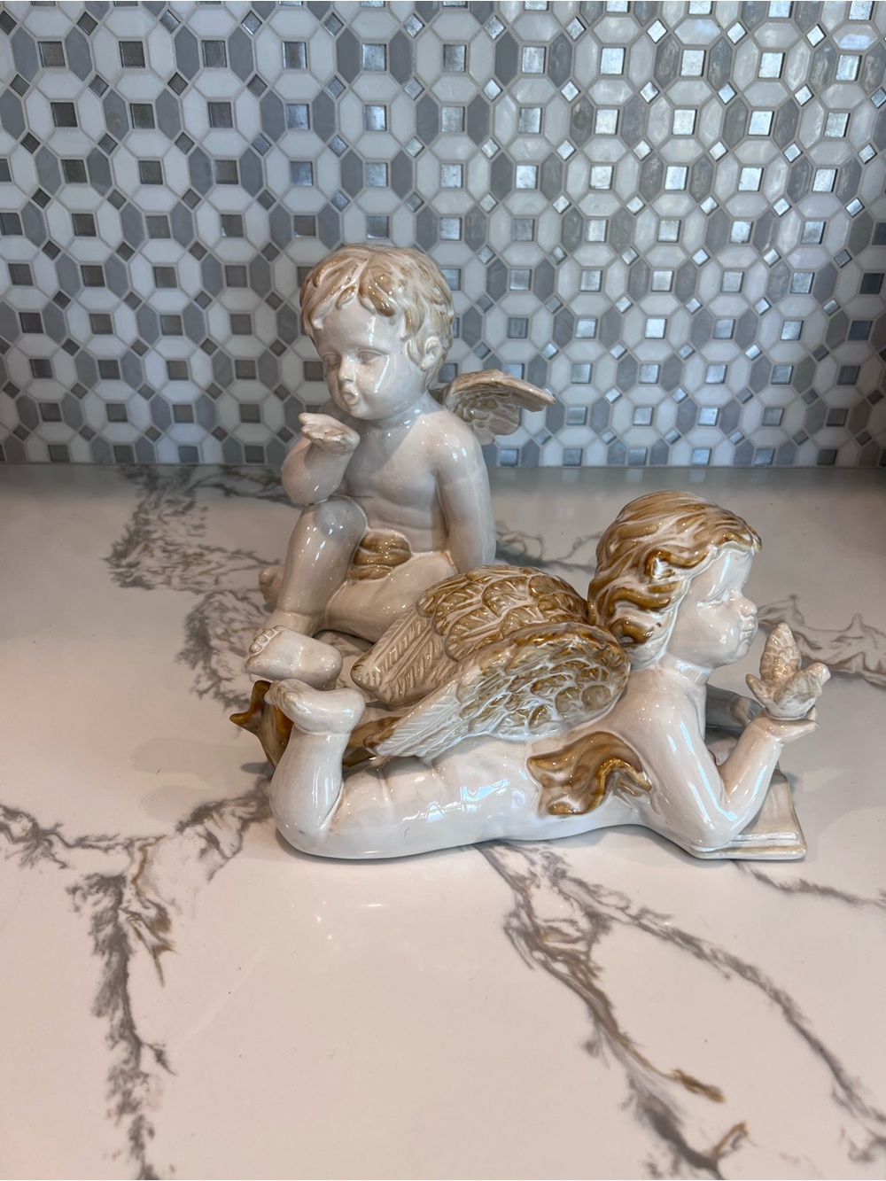 Two Vintage White Ceramic/Porcelain Cherub Angel Figurines.